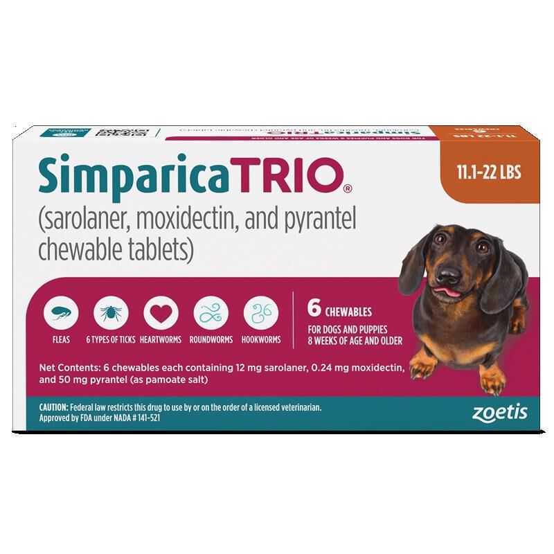 Simparica Trio Chewable Tablets for Dogs 11.1-22 lbs Caramel, 6 Month Supply