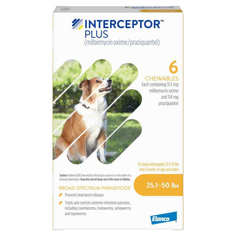 Interceptor Plus Chewable Tablets for Dogs 25.1 -50 lbs Yellow, 6 Month Supply