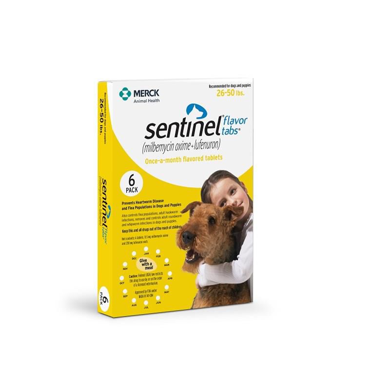 Sentinel Flavor Tablets for Dogs 26-50 lbs Yellow, 6 Month Supply