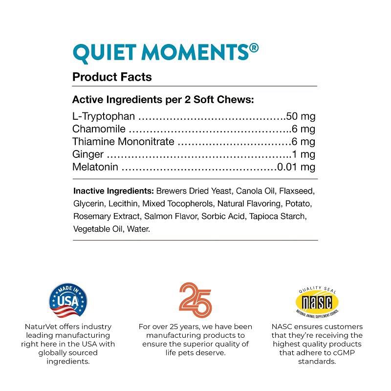 NaturVet Quiet Moments Calming Aid plus Melatonin for Cats, 50 Soft Chews