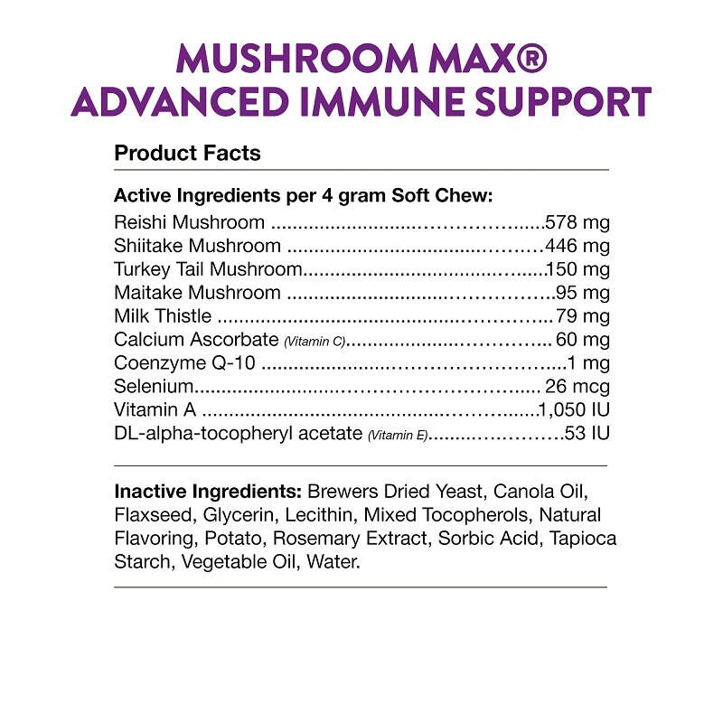 NaturVet Mushroom Max Advanced Immune Support with Turkey Tail Soft Chews for Dogs & Cats