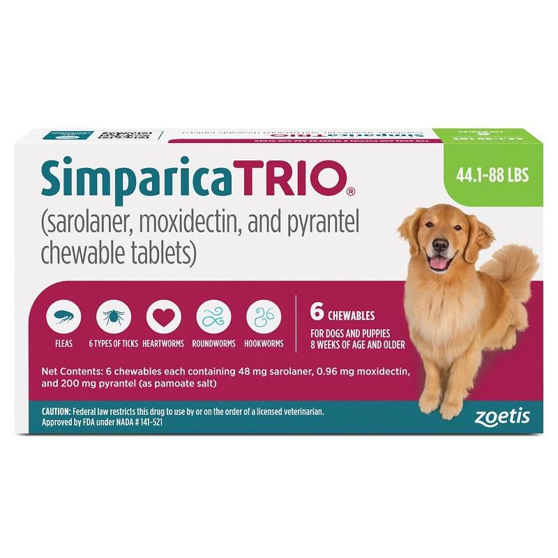 Simparica Trio Chewable Tablets for Dogs 44.1-88 lbs Green, 6 Month Supply