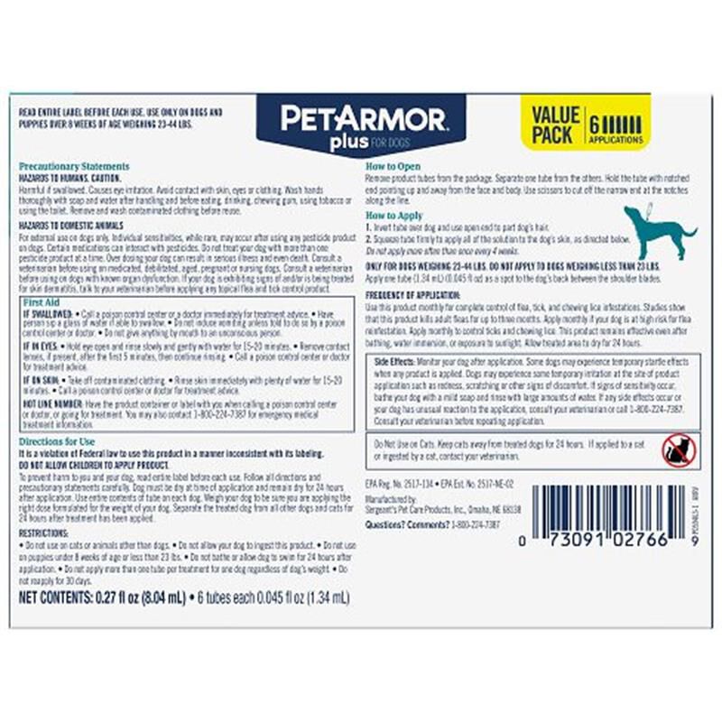 PetArmor Plus Flea and Tick Prevention for Medium Size Dogs (23 to 44 Pounds) Topical, 6 Monthly Treatments