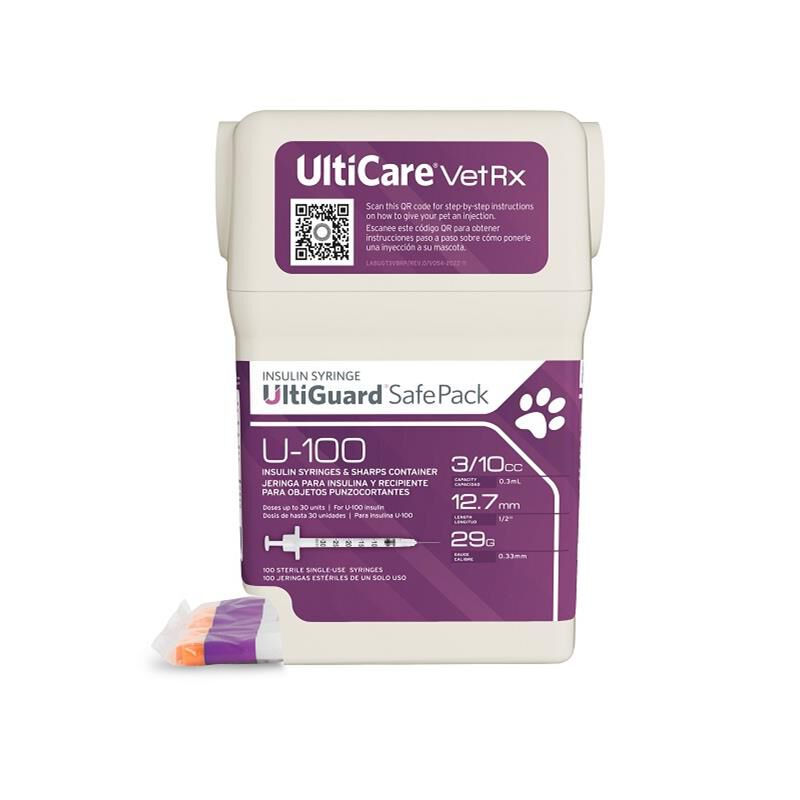 UltiCare VetRx U-100 UltiGuard Safe Pack Insulin Syringes, 0.3cc-29G x 12.7mm (0.5"), 100ct