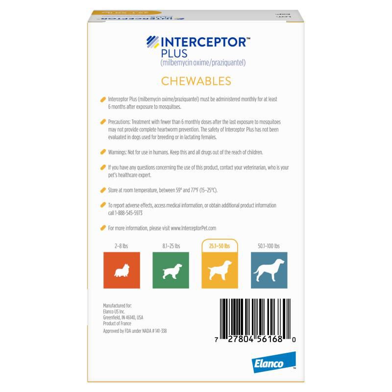 Interceptor Plus Chewable Tablets for Dogs 25.1 -50 lbs Yellow, 6 Month Supply