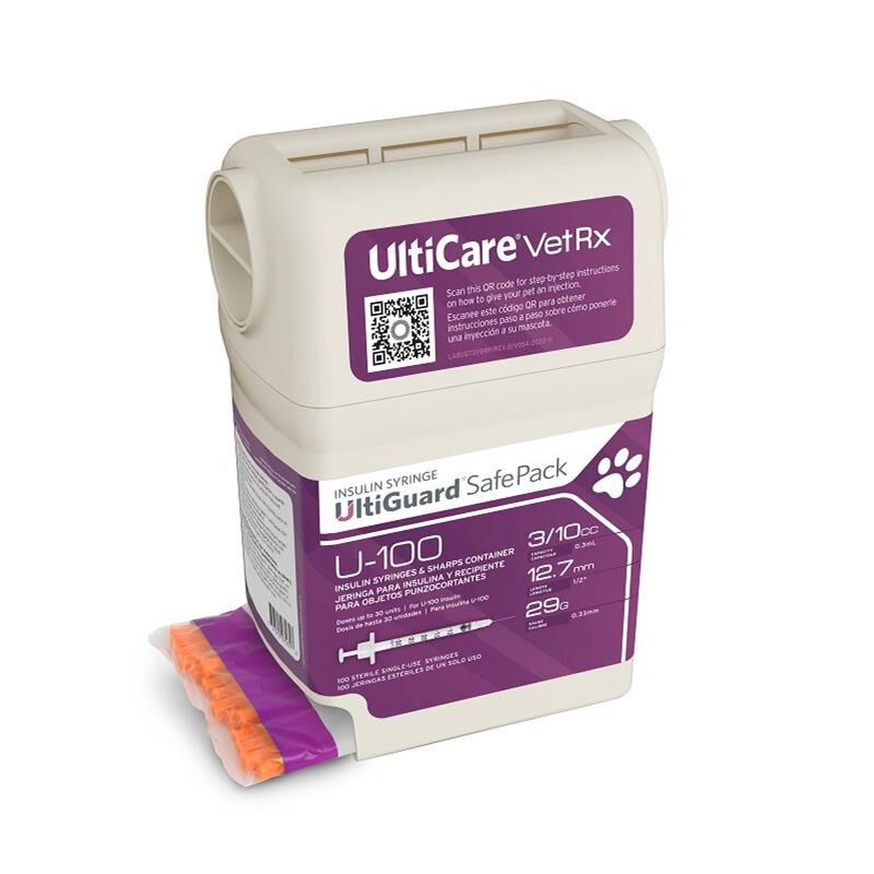 UltiCare VetRx U-100 UltiGuard Safe Pack Insulin Syringes, 0.3cc-29G x 12.7mm (0.5"), 100ct