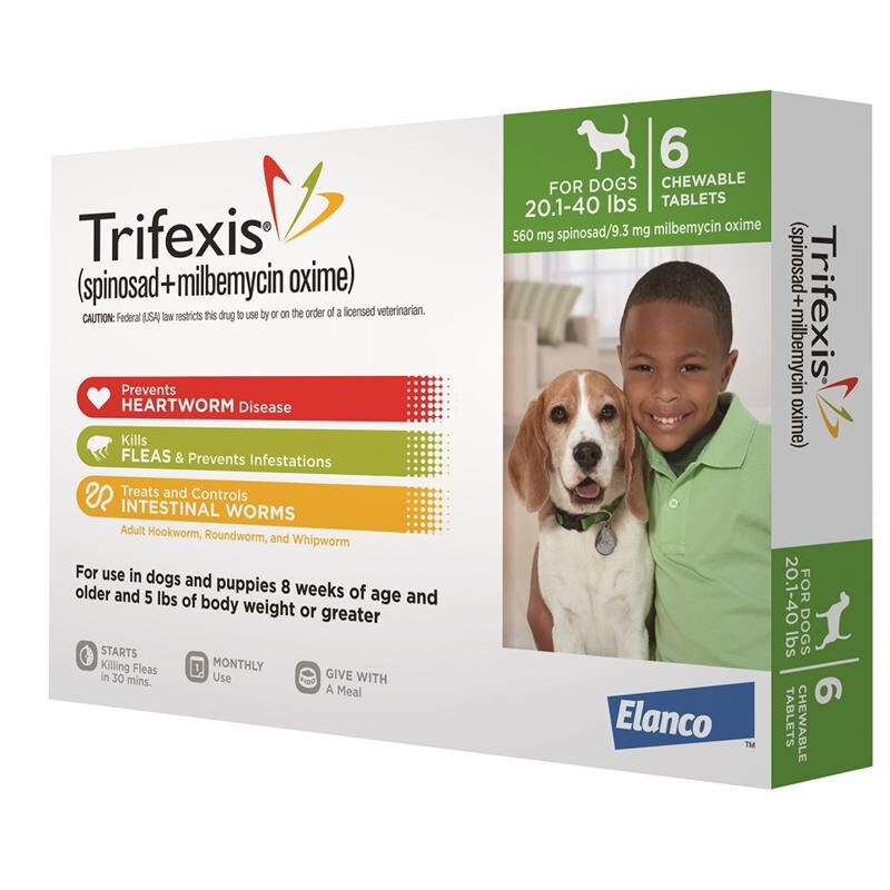Trifexis Chewable Tablets for Dogs 20.1-40 lbs Green, 6 Month Supply